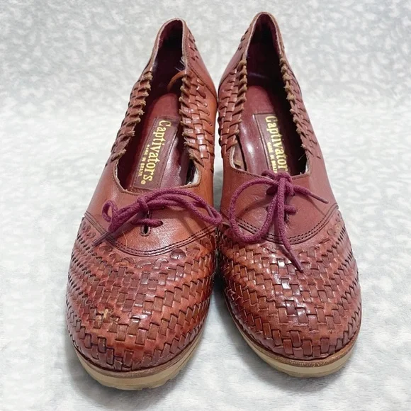 Vintage Woven Wedges 70s Captivators Brown Leather Tie Oxford Heels - Picture 3 of 12